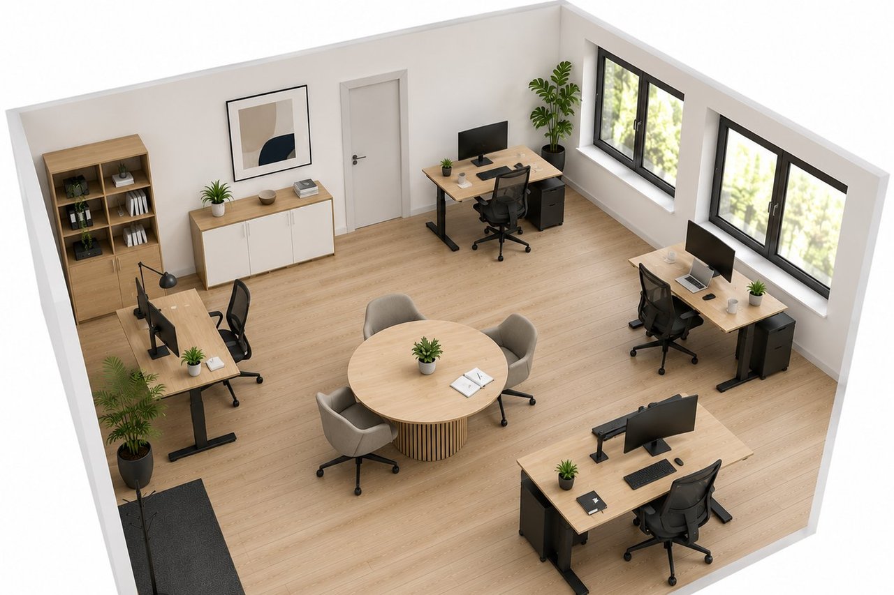Symbolbild: Moderner heller Büroraum mit höhenverstellbaren Arbeitsplätzen, Besprechungstisch und ergonomischer Ausstattung – Visualisierung des neuen Standorts der AM Promotion GmbH in Gunskirchen