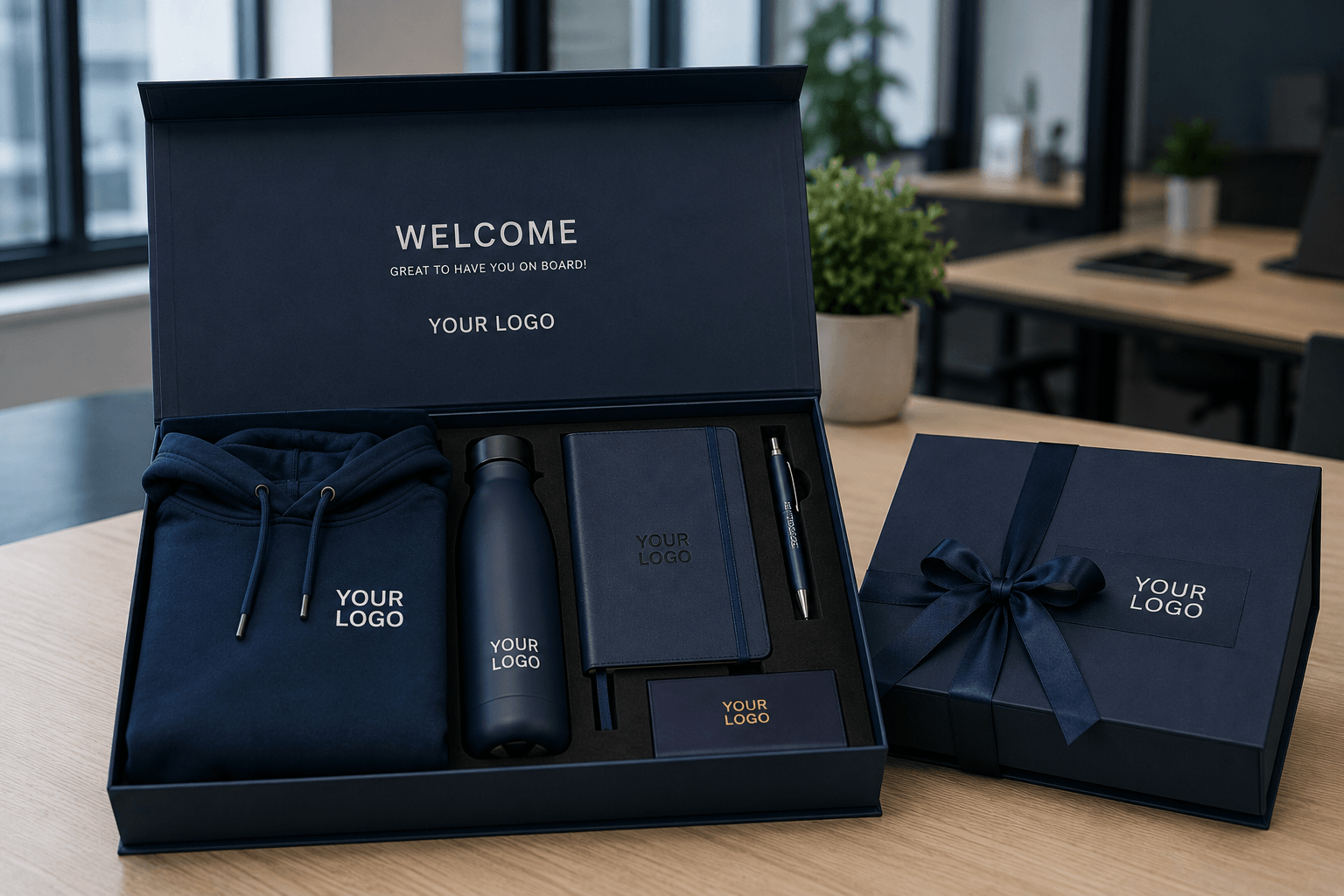 Hochwertiges Corporate Welcome Package mit veredelten Markenartikeln Textil Trinkflasche Notizbuch und Schreibgerät für Dienstleistungsunternehmen