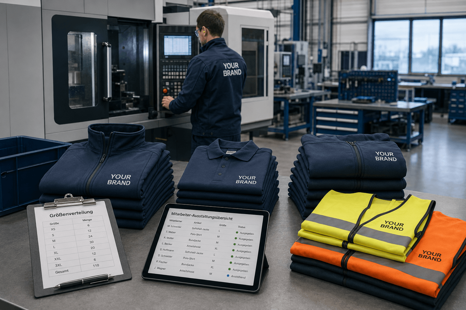 Standortübergreifende Workwear-Ausstattung mit veredelten Marken-Jacken in industrieller Fertigungsumgebung