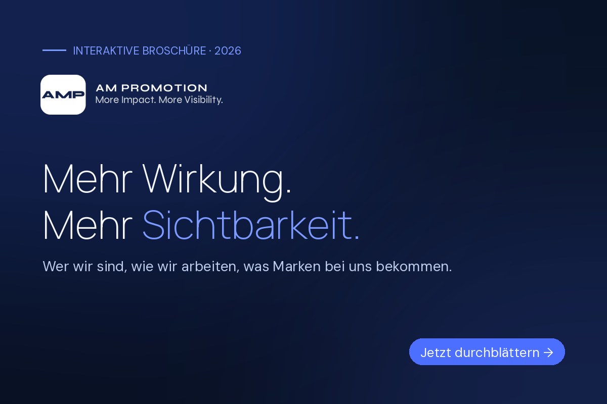 Cover der interaktiven Marken-Broschüre der AM Promotion GmbH – Mehr Wirkung. Mehr Sichtbarkeit.